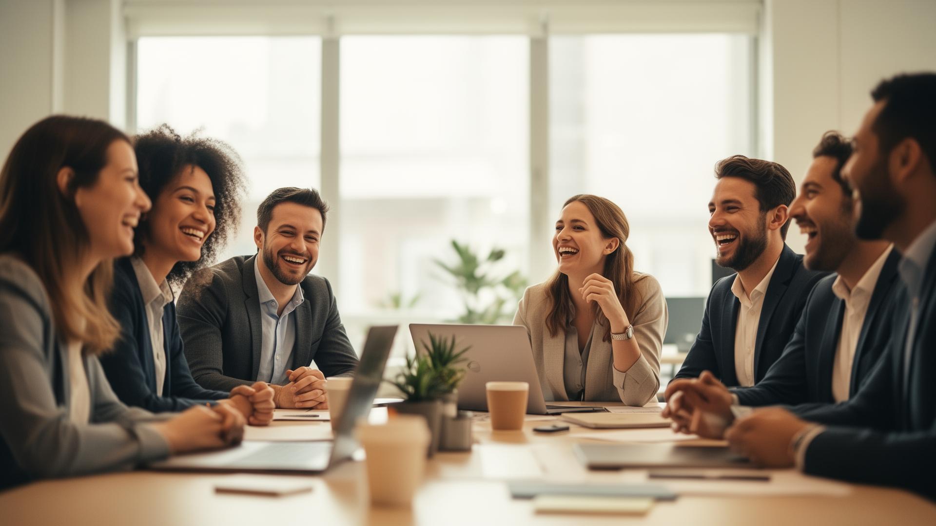 Equipe diversa sorrindo e colaborando em ambiente de trabalho